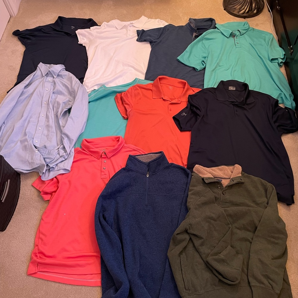 Men’s clothes.1 long sleeve button. 2 long sleeve sweaters,8 short sleeve shirts